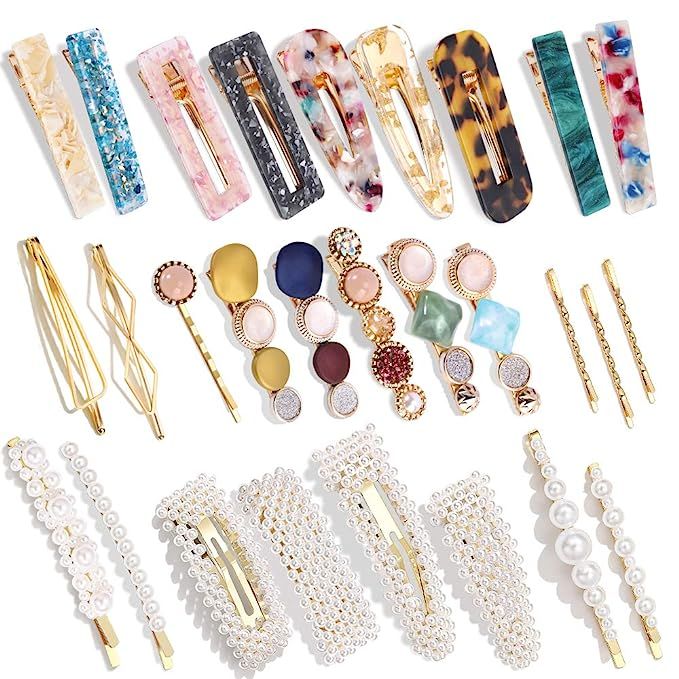 28 PCS Hingwah Pearls and Acrylic Resin Hair Clips, Handmade Hair Barrettes, Marble Alligator bob... | Amazon (US)