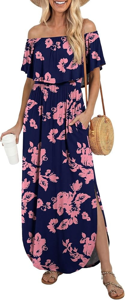 LILBETTER Womens Off The Shoulder Ruffle Party Dresses Side Split Beach Maxi Dress | Amazon (US)