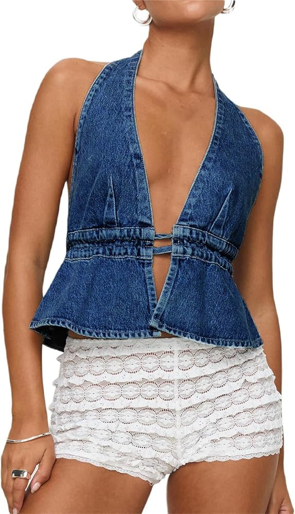 Women's Y2K Denim Tank Tops Tie-up Sleeveless Halter Jeans Tops Sexy Backless Denim Vest Going Ou... | Amazon (US)