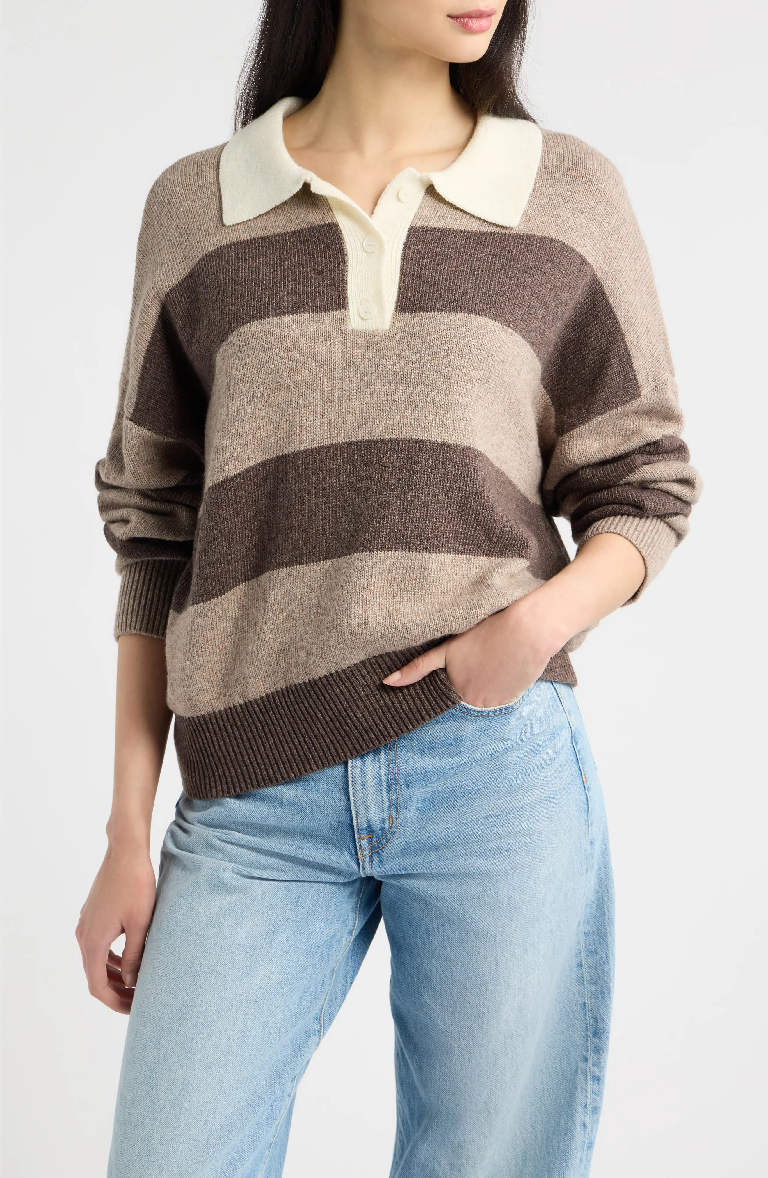A.REN Raelyn Stripe Long Sleeve Polo in Mocha at Nordstrom, Size Large | Nordstrom