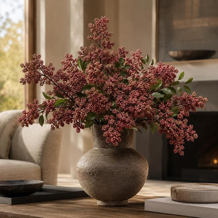 43" Faux Berry Stems for Vase, Faux Stems for Vase Filler Realistic Berry Picks Artificial Branches for Floor Vase, Fall, DIY Bouquet, Shower, Farmhouse Mantel, Home Decor, 3 Pcs Muted Burgundy | Amazon (US)