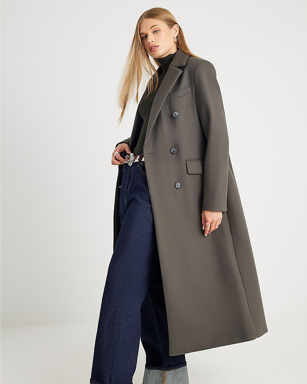 Khaki Tailored Double Breased Coat | River Island UK & IE