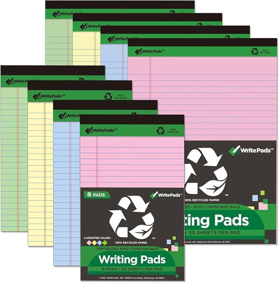 KAISA Colored Legal Pad 15lb Recycled Paper Writing Pad, 4pcs 5"x8" Narrow Ruled and 4pcs 8.5x11 ... | Amazon (US)