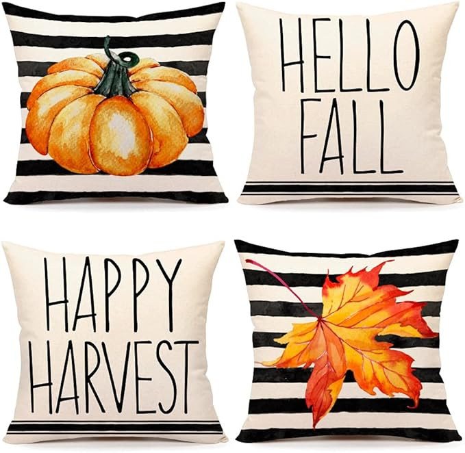 4TH Emotion Fall Stripe Pumpkin Pillow Covers 18x18 Set of 4 Farmhouse Decorations Hello Fall Hap... | Amazon (US)