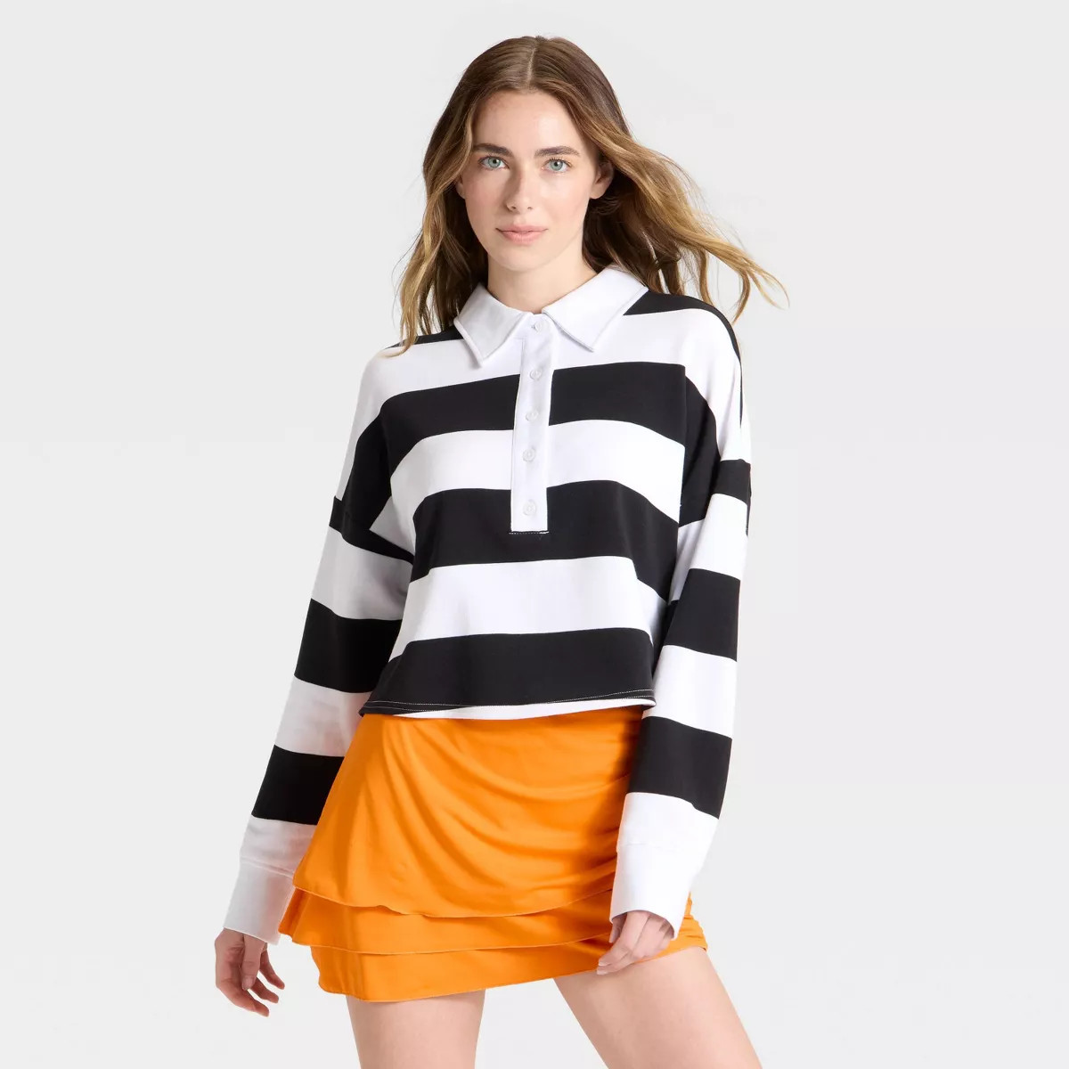 Women's Game Day Striped Cropped Long Sleeve Polo T-Shirt - JoyLab™ | Target