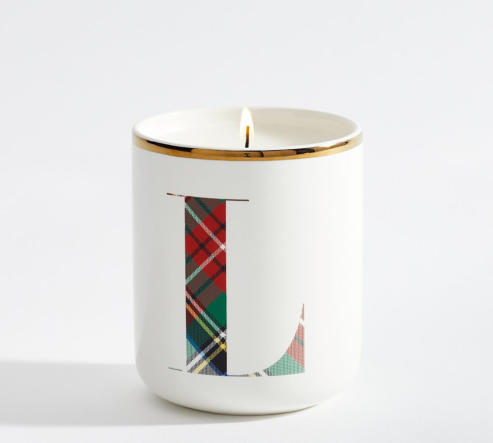 Stewart Plaid Alphabet Scented Candle - Winter Spruce | Pottery Barn (US)