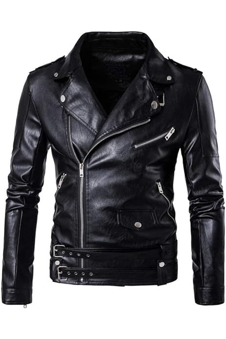 Fahsyee Leather Jackets for Men, Faux Motorcycle Lapel Asymmetric Zip-Up Blet Slim Fit Biker Coat | Amazon (US)