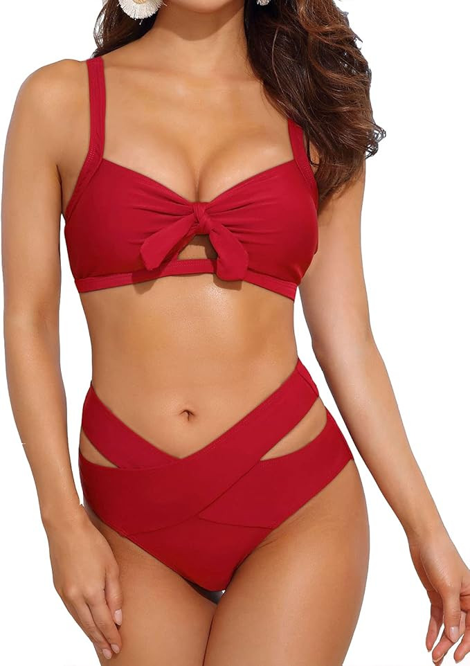 Yonique Womens Bikini Swimsuits High Waisted Two Piece Bathing Suits Tie Knot Cutout Swimwear wit... | Amazon (US)