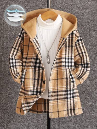 SHEIN Young Boy Casual Special Plaid Long Sleeve Hooded Jacket, Warm, Fashionable And Versatile O... | SHEIN