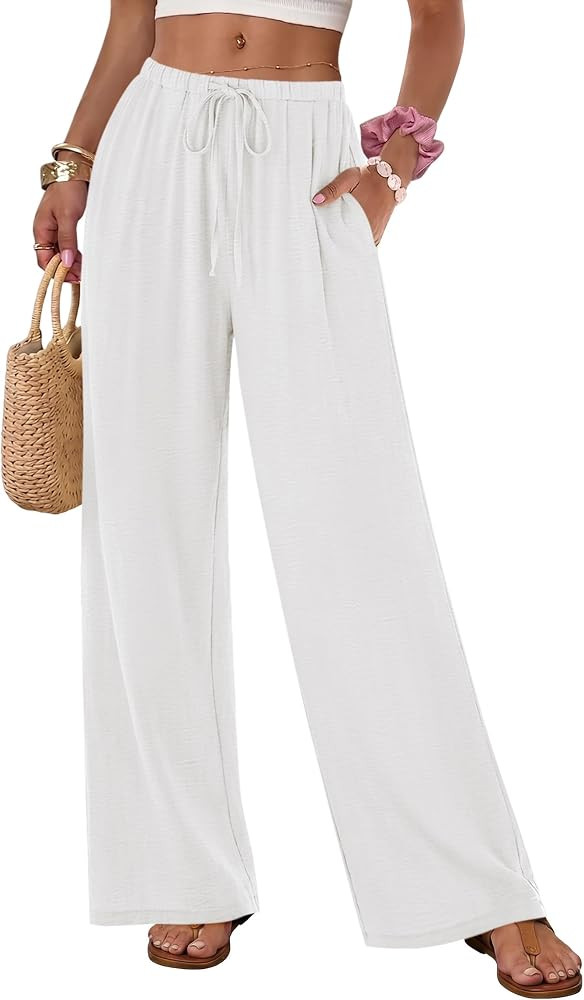 IWH Womens Palazzo Pants Flowy Lightweight Wide Leg Low Rise Beach Casual Loose Elastic Waist wit... | Amazon (US)