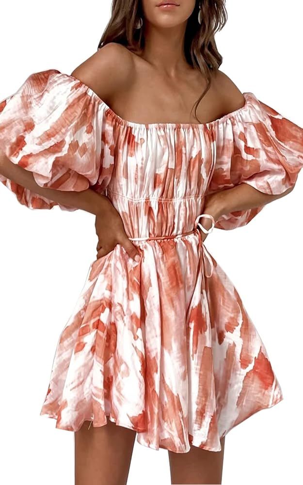 Floral Print Puff Sleeve Mini Dress | Amazon (US)