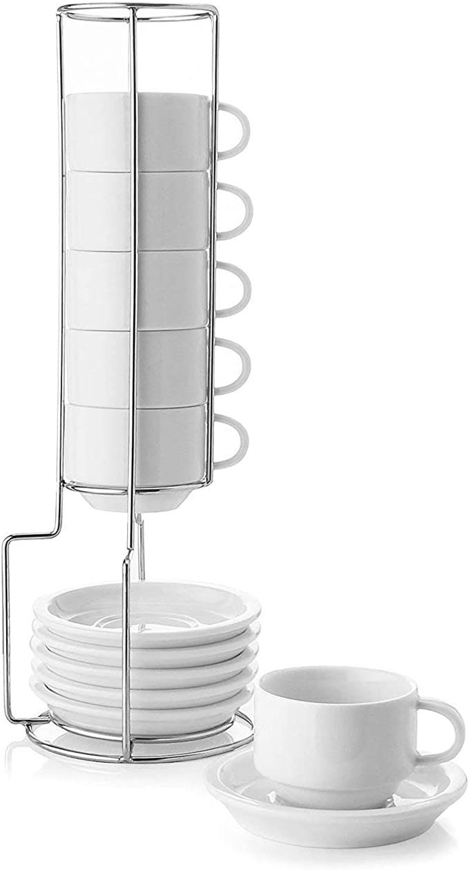 Sweese 404.001 Porcelain Stackable Espresso Cups with Saucers and Metal Stand - 2.5 Ounce for Spe... | Amazon (US)