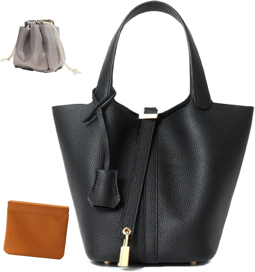 Genuine Leather Lock Design Bucket Bag Vegetable Basket, Fashionable and Versatile Shoulder Handb... | Amazon (US)