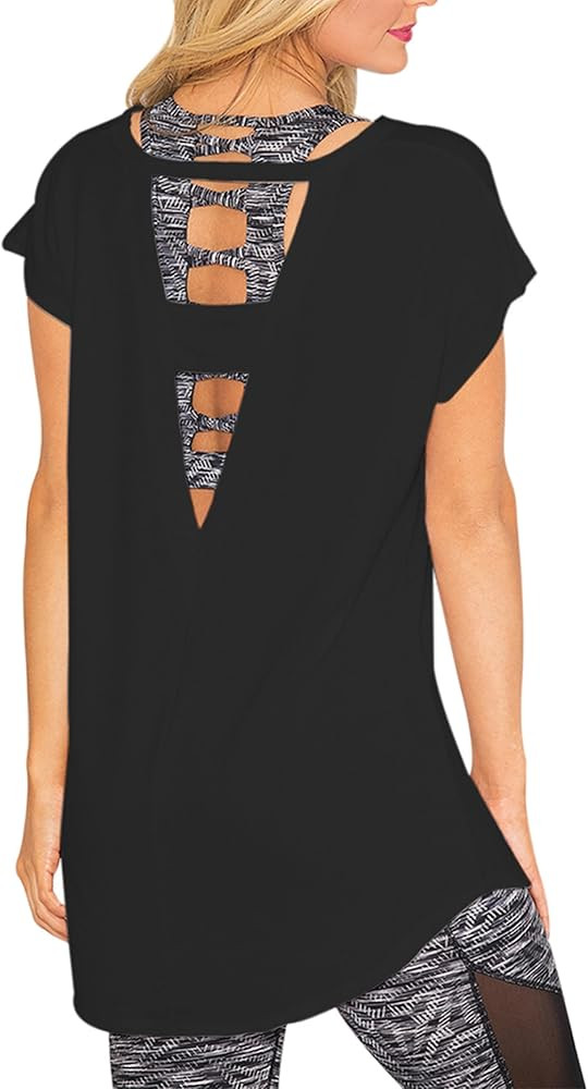 Women's Cotton Short Sleeve Workout Shirts Yoga T-Shirt Large V Back Cut Out Athletic Tee Tops | Amazon (US)