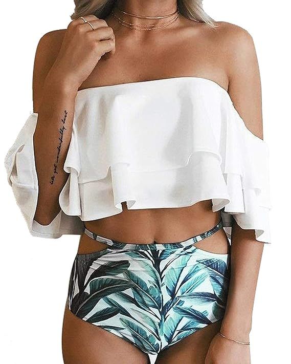 ROVLET Women Bikini Set Two Piece Off Shoulder Ruffled Flounce Crop Bikini Top with High Waist Pr... | Amazon (US)