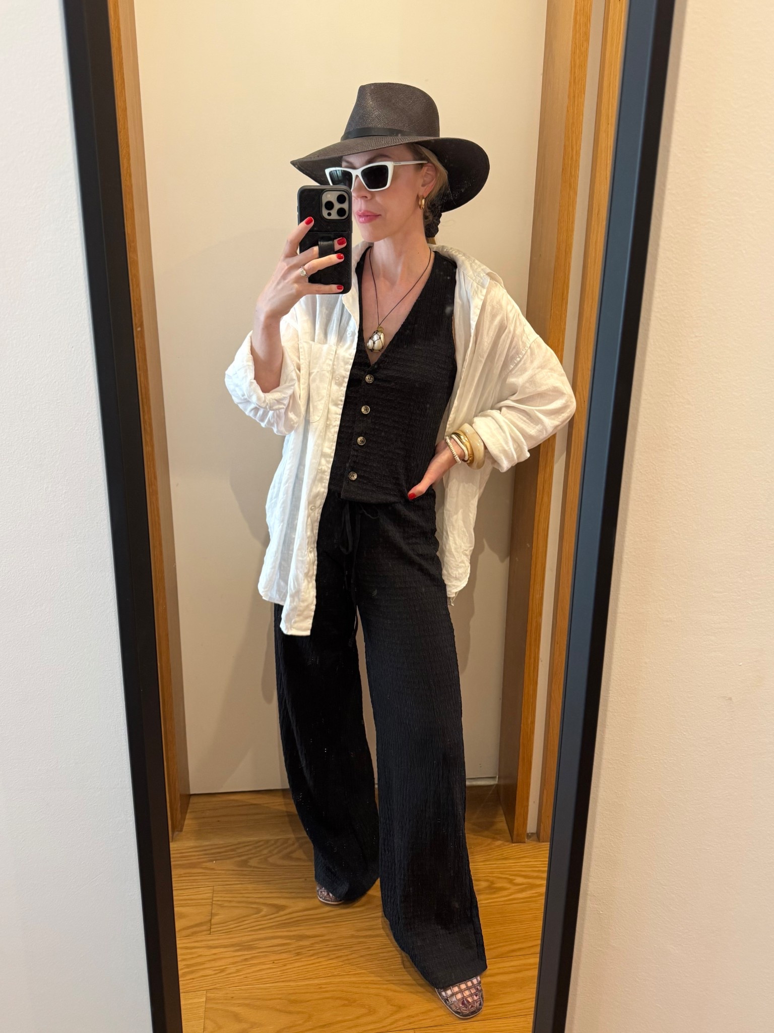Summer vacation outfit, beach outfit, @Zara sleeveless vest pants set, linen shirt, jelly shoes, black straw hat 

#LTKOver40 #LTKSeasonal #LTKTravel