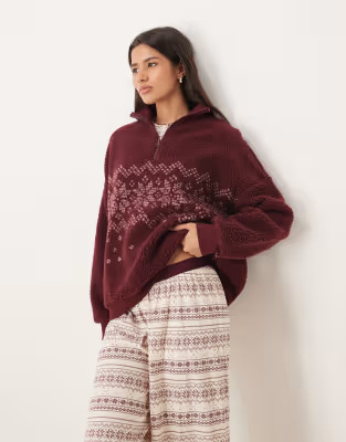 ASOS DESIGN lounge borg funnel neck jumper in burgundy fairisle | ASOS (Global)