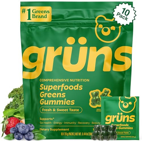 Gruns Adults Super Greens Gummies, Multivitamin Superfood Gummy Bears, Spirulina, Chlorella, Prebiotics & Fiber Gummies for Digestive Health, Adaptogens Supplement, 20 Vitamins & Minerals, 10 Count | Amazon (US)