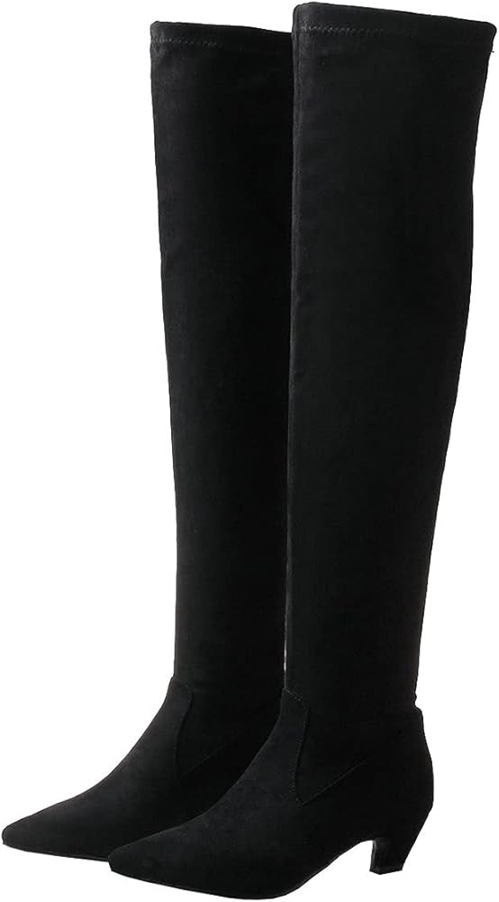 Trendenzy Womens Pointed Toe Kitten Heel Thigh High Boots Faux Suede Stretch Over The Knee Boots | Amazon (US)