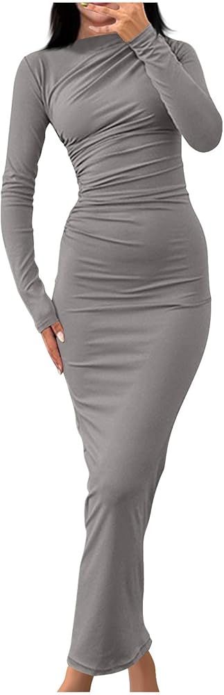 Womens Slim Fit Maxi Dresses Long Sleeve High Neck Bodycon Dress Elegant Ruched Cami Dress Party ... | Amazon (US)