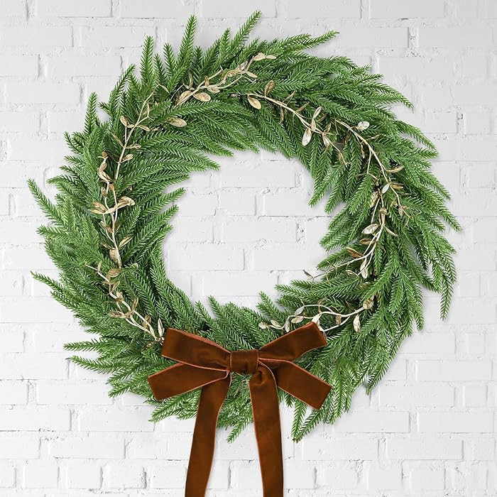 Vintage 17 inch Christmas Norfolk Pine Wreath,Realistic Greenery Christmas Wreath with Brown Velv... | Amazon (US)
