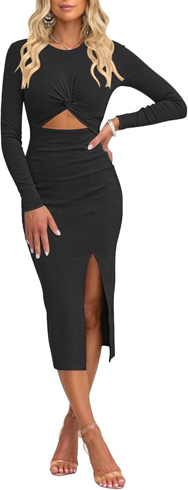 oten Women Casual Long Sleeve Cutout Twist Front Side Slit Ribbed Knit Party Bodycon Midi Dresses | Amazon (US)