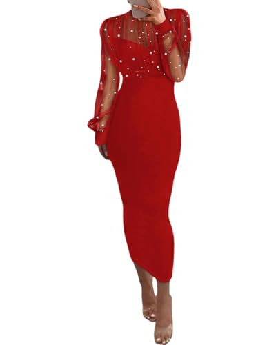 CHICME Women's New Year Eve Red Dress Sexy Bodycon Midi Dress Mock Neck Long Sleeve Sheer Dresses Beaded Night Club Party Dresses Red-S | Amazon (US)