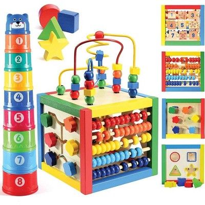 Wooden Activity Cube with Bead Maze, Shape Sorter, Abacus Counting Beads, Counting Numbers, Slidi... | Target