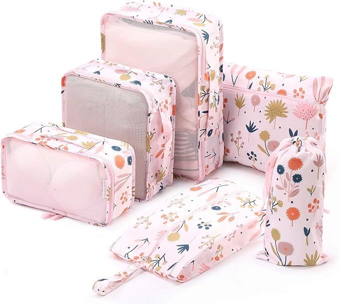 Amazon.com | 6 Set Packing Cubes-Travel Luggage Organizers with Shoe Bag -Pink Protea | Packing O... | Amazon (US)