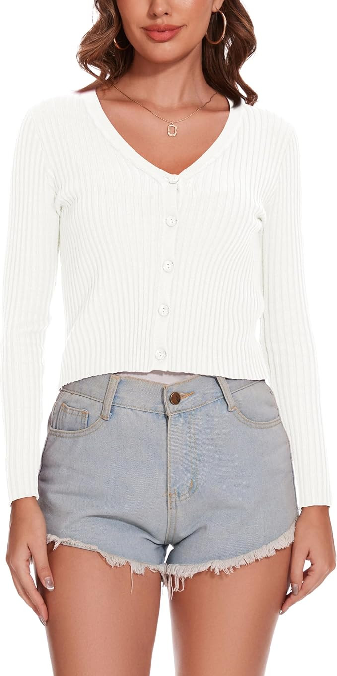 Women's Cropped Cardigan V Neck Long Sleeve Button Down Ribbed Knit Shrug Sweaters | Amazon (US)