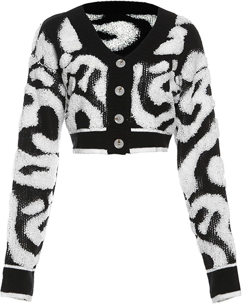 Perbai Womens V Neck Button Down Long Sleeve Colorblock Y2K Cropped Cardigan Sweater Jacket | Amazon (US)