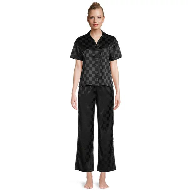 Lissome Women's and Women's Plus Satin Checkered Boxy Crop Top and Pants Sleep Set, 2-Piece | Walmart (US)