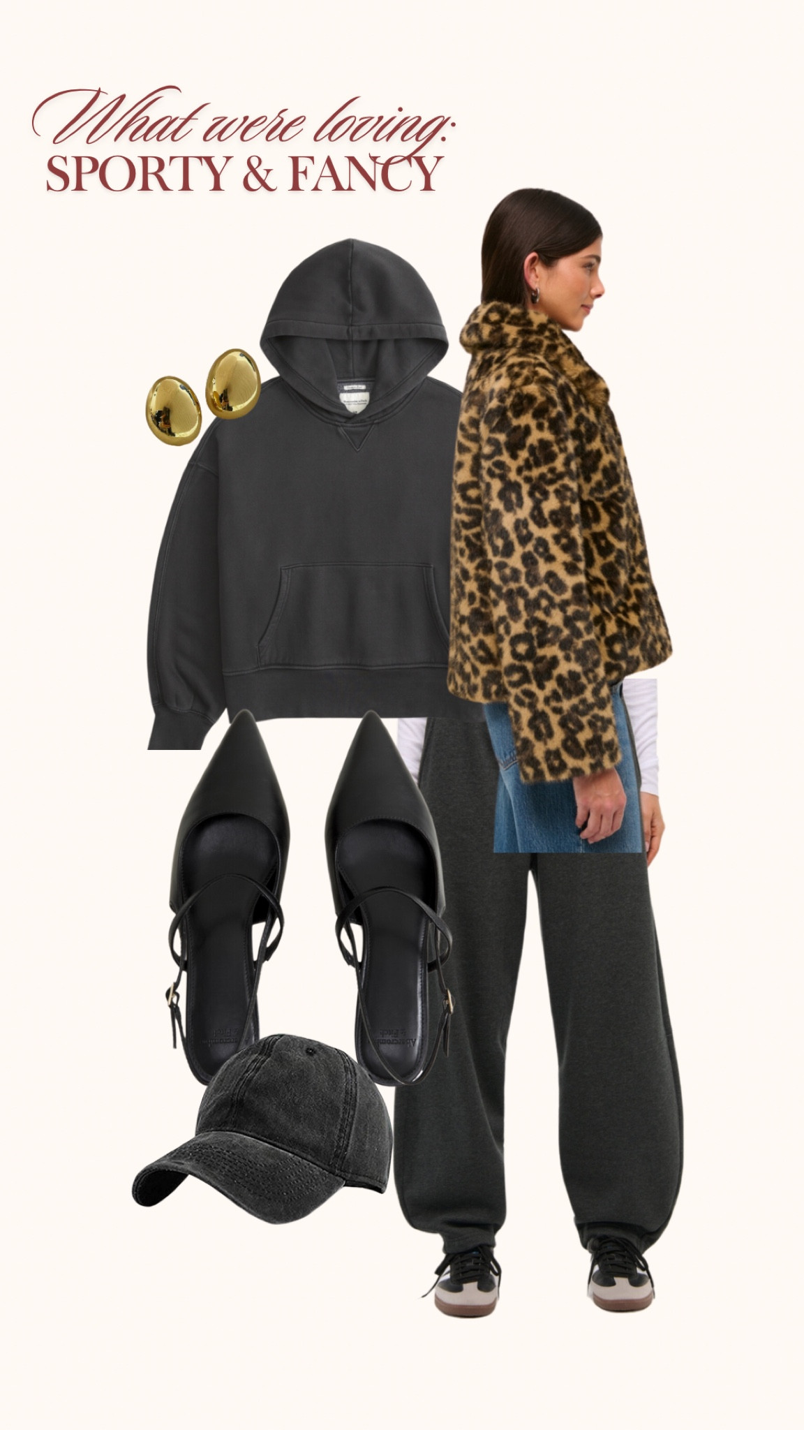 So excited to wear my new animal print fur coat with a matching sweatsuit! I’ve been seeing this style all over, it’s a mix of sweats/sporty and fancy. The sweatshirt, sweat pants, and low heels are from Abercrombie, chunky earrings and baseball hat from Amazon. The perfect winter outfit!
