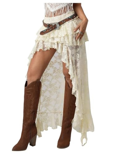 Women's Floral Lace Boho Maxi Skirt Drop Waist Ruffle Sheer Mesh Cowgirl Vacation Skirt | Amazon (US)