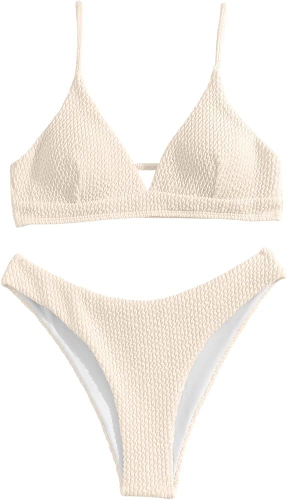 SheIn Women's 2 Pieces Textured Solid Swimsuit Wireless Triangle Bikini Top and Ribbed Panty Biki... | Amazon (US)
