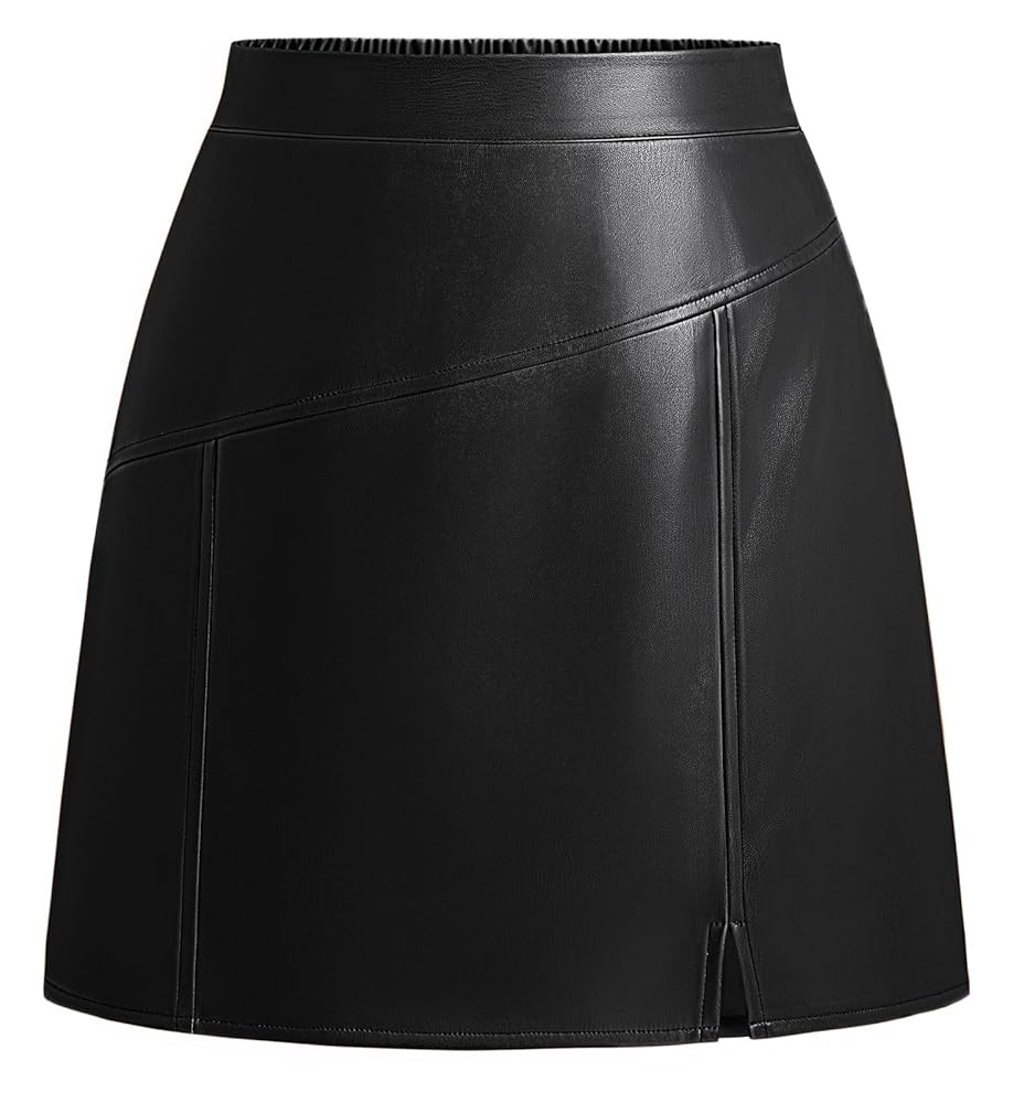 Kate Kasin Women Faux Leather Mini Skirt High Waisted A Line Short Skirt with Slit for Casual Wor... | Amazon (US)