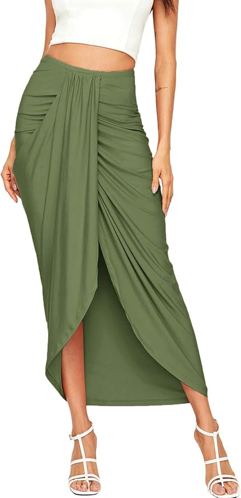 SheIn Women's Casual Slit Wrap Asymmetrical Elastic High Waist Maxi Draped Skirt | Amazon (US)