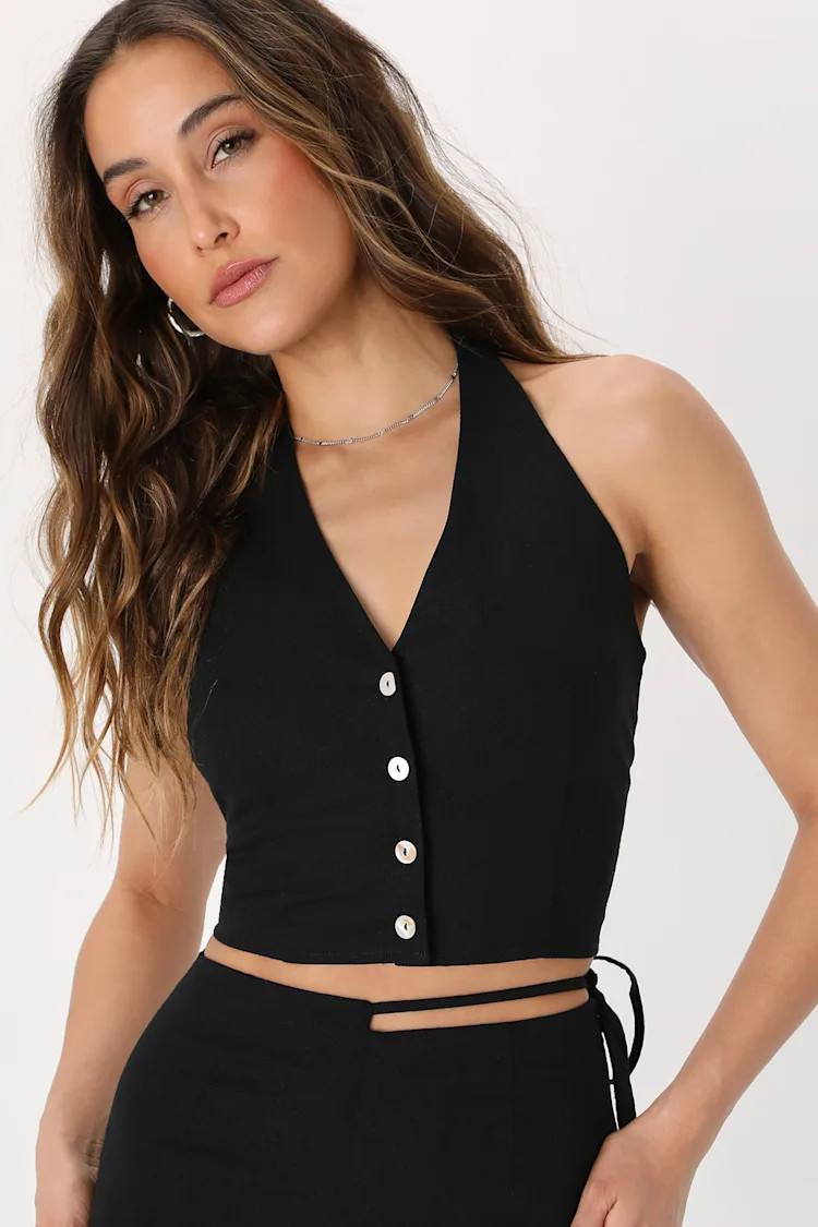 Exceptional Energy Black Linen Button-Up Halter Top | Lulus