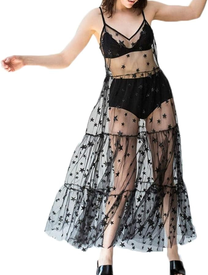 Women See Through Cover Up Straps Sleeveless Strappy Star Lace Mesh Beach Dresses Swimwear Bikini... | Amazon (US)