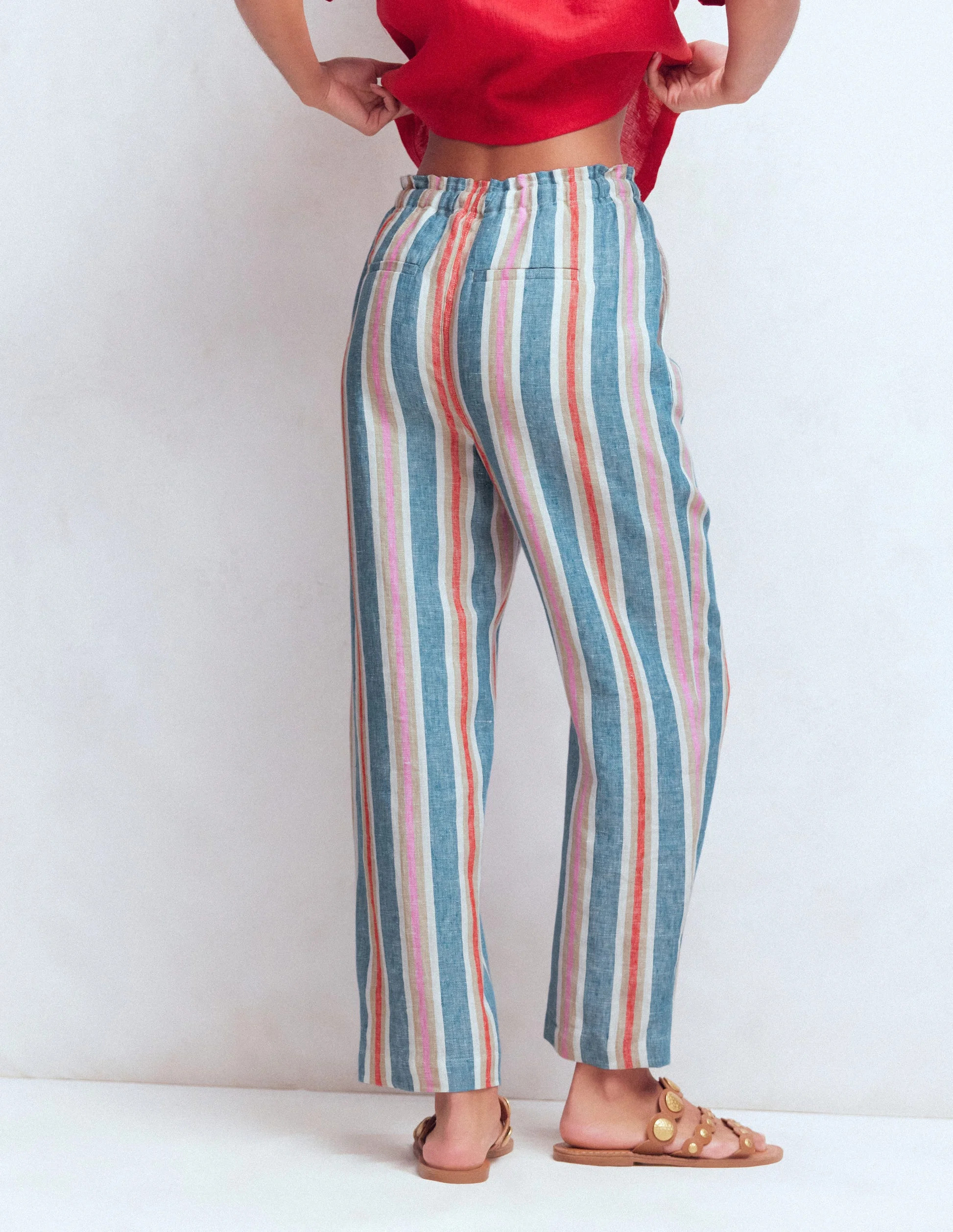 Islington Linen Crop Trousers-Faience and Rose Multistripe | Boden UK