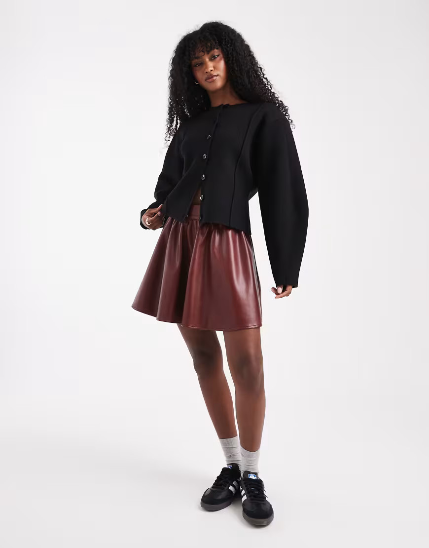 ASOS DESIGN faux leather volume detail mini skirt in burgundy-Red | ASOS (Global)