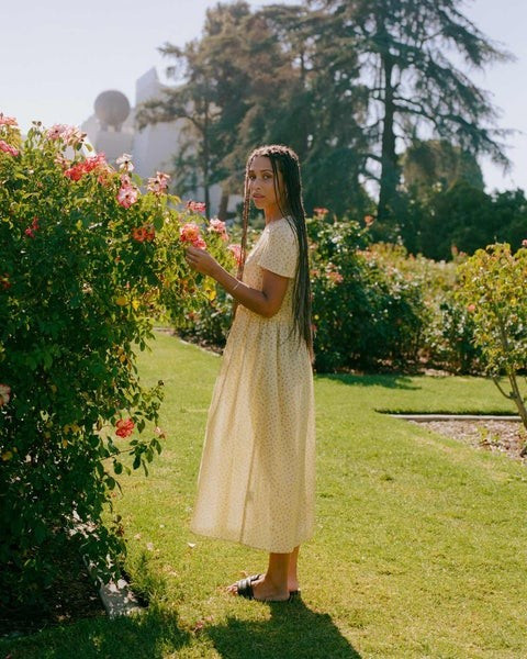 The Dawn Dress | Golden Pollinator Garden Silk-Cotton | Christy Dawn