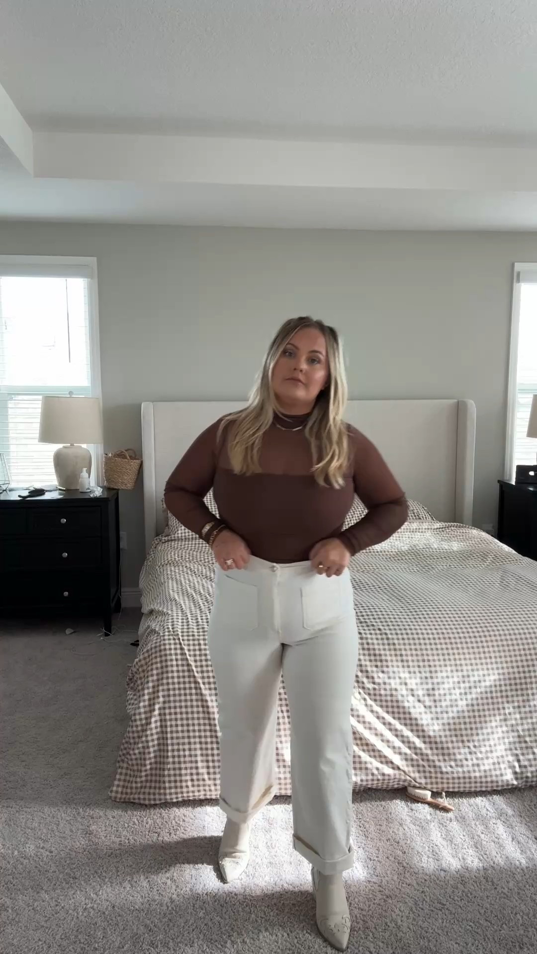 Chocolate + cream tones just hit different 🤎 this neutral outfit combo is perfect for fall to winter — love how these high-waisted white jeans pair with a fitted brown long sleeve and pointed cream boots. easy, polished, and still comfy for every day. outfit inspo for brunch, errands, or date night ✨ 

#LTKMidsize #LTKSaleAlert #LTKStyleTip
