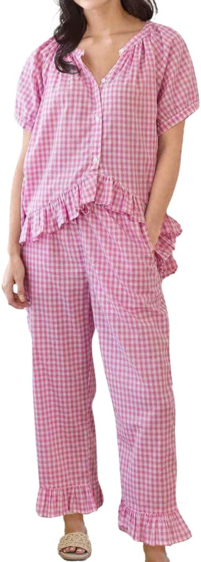 Womens Gingham Pajama Set 2 Piece Short Sleeve Babydoll Shirt and Pants Lounge Set Cute Sleepwear | Amazon (US)
