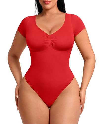 FeelinGirl Compression Bodysuit Women Short Sleeve Plus Size Shapewear Bodysuit Classy Outfits for Women Going Out V Neck Everyday Outfits Rust Red 3XL | Amazon (US)