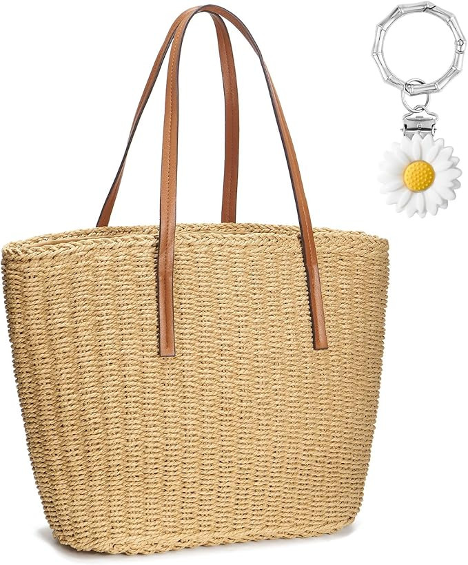 Large Straw Beach Bag for Women Summer Tote Bags Shoulder Handbags Woven Straw Totes-Perfect for ... | Amazon (US)