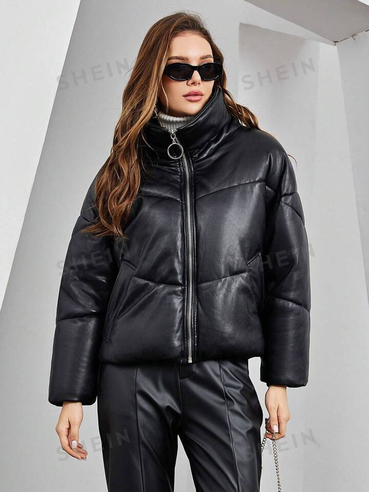 Zip Up PU Leather Puffer Coat | SHEIN