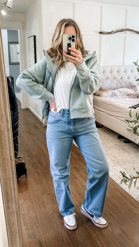 Winter to spring outfit. Travel outfit. Just a super comfy everyday outfit. This hoodie is stellar. It’s so soft and I love this pretty color. I’m in a medium. Tts jeans. Small tee. Soft as butta! Jeans are a short  

#LTKstyletip #LTKMostLoved #LTKmidsize