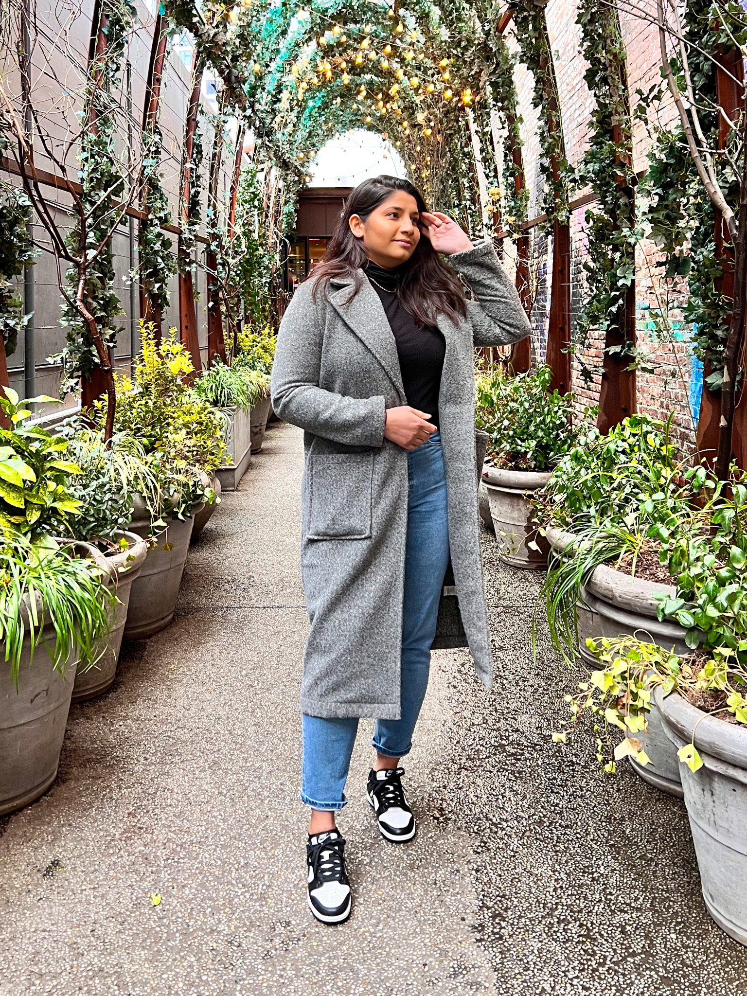 Sunday Brunch Day Outfit, Winter Outfit, Comfy Jeans, Nike Sneakers, Grey Coat, Black Top

#LTKSeasonal #LTKshoecrush #LTKstyletip