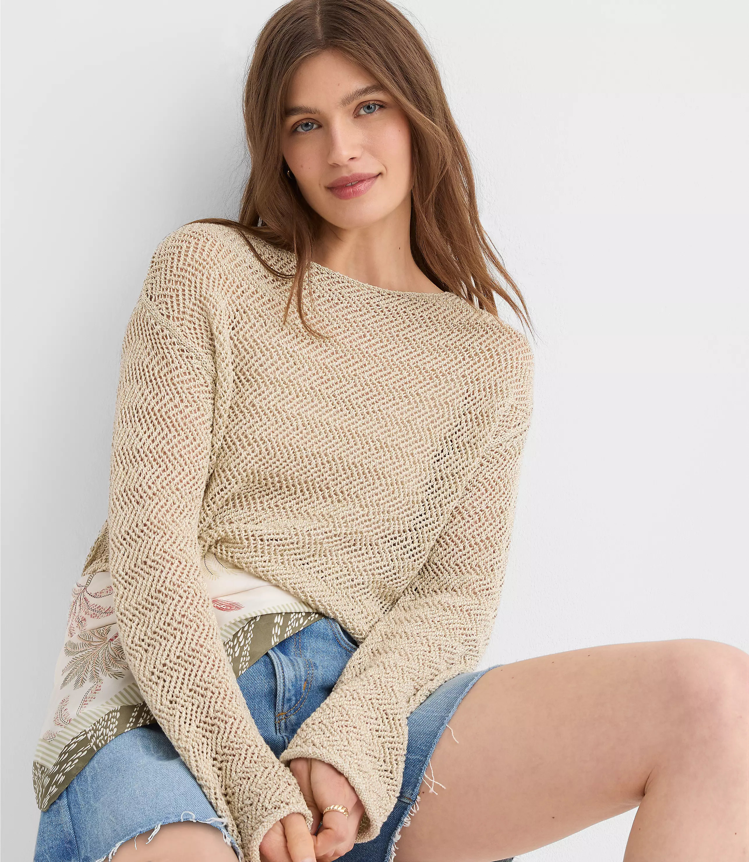 Shimmer Open Stitch Boatneck Sweater | LOFT